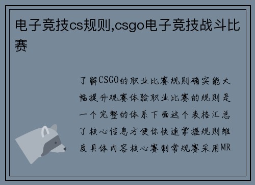 电子竞技cs规则,csgo电子竞技战斗比赛